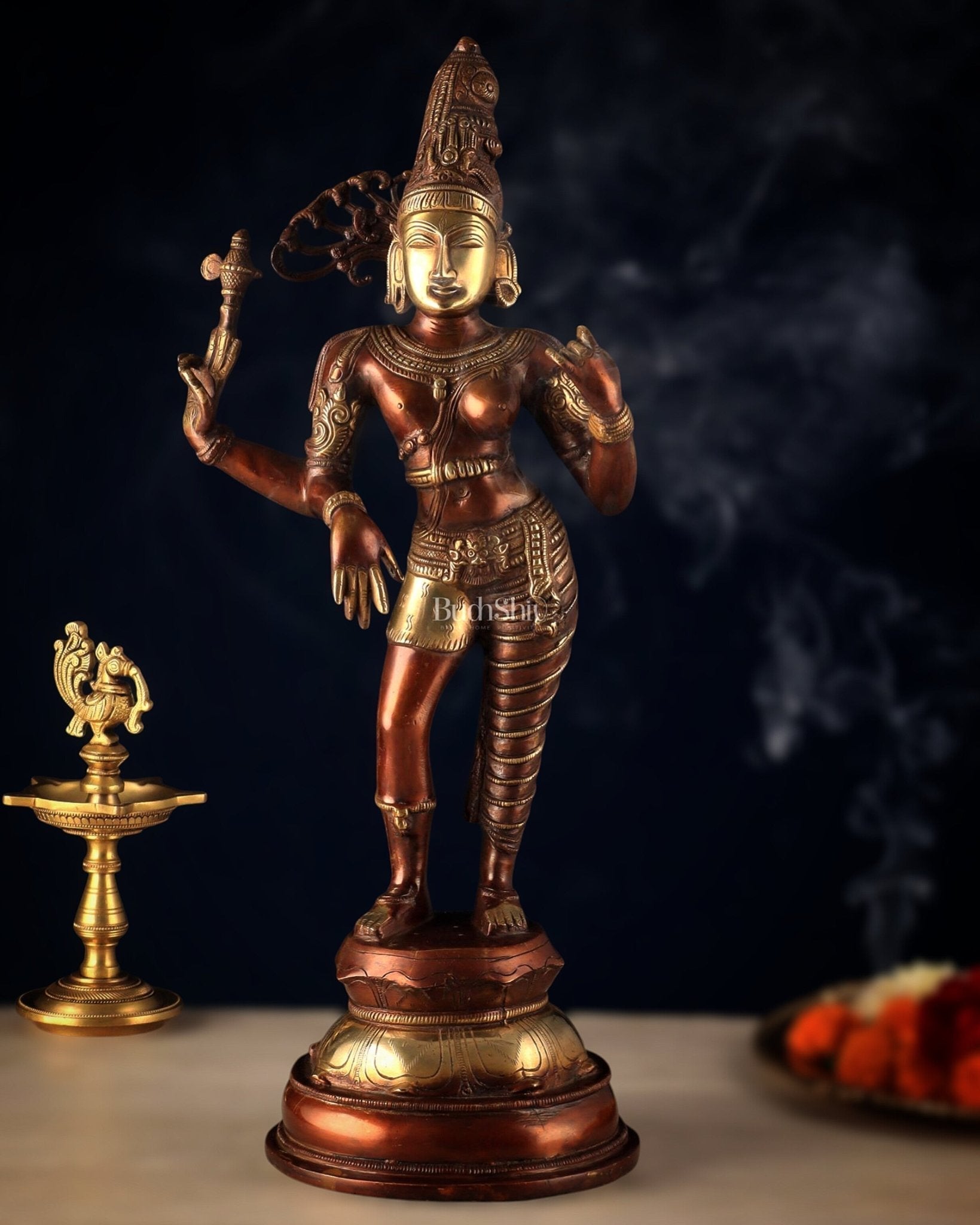 Pure Brass Ardhanarishwara Statue – Half Shiva Half Parvati, Dual Tone Chola Finish, 19" Tall - Sama Homes Idol - Brass Sculpture - Eco-friendly - Sama Homes