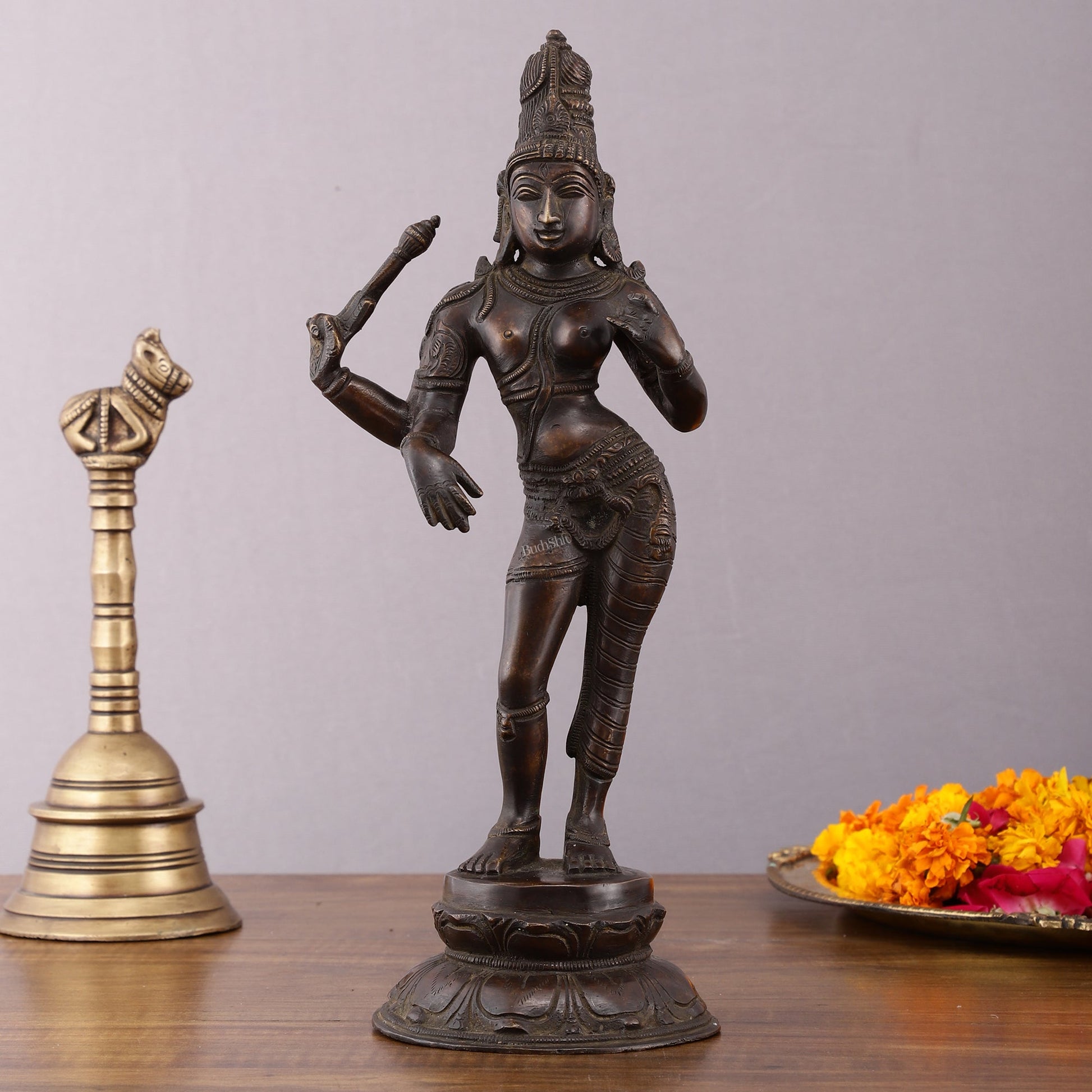 Pure Brass Ardhanarishwara Vintage Crafted Sculpture - 12.5 Inch - Sama Homes Idol - Brass Sculpture - Eco-friendly - Sama Homes