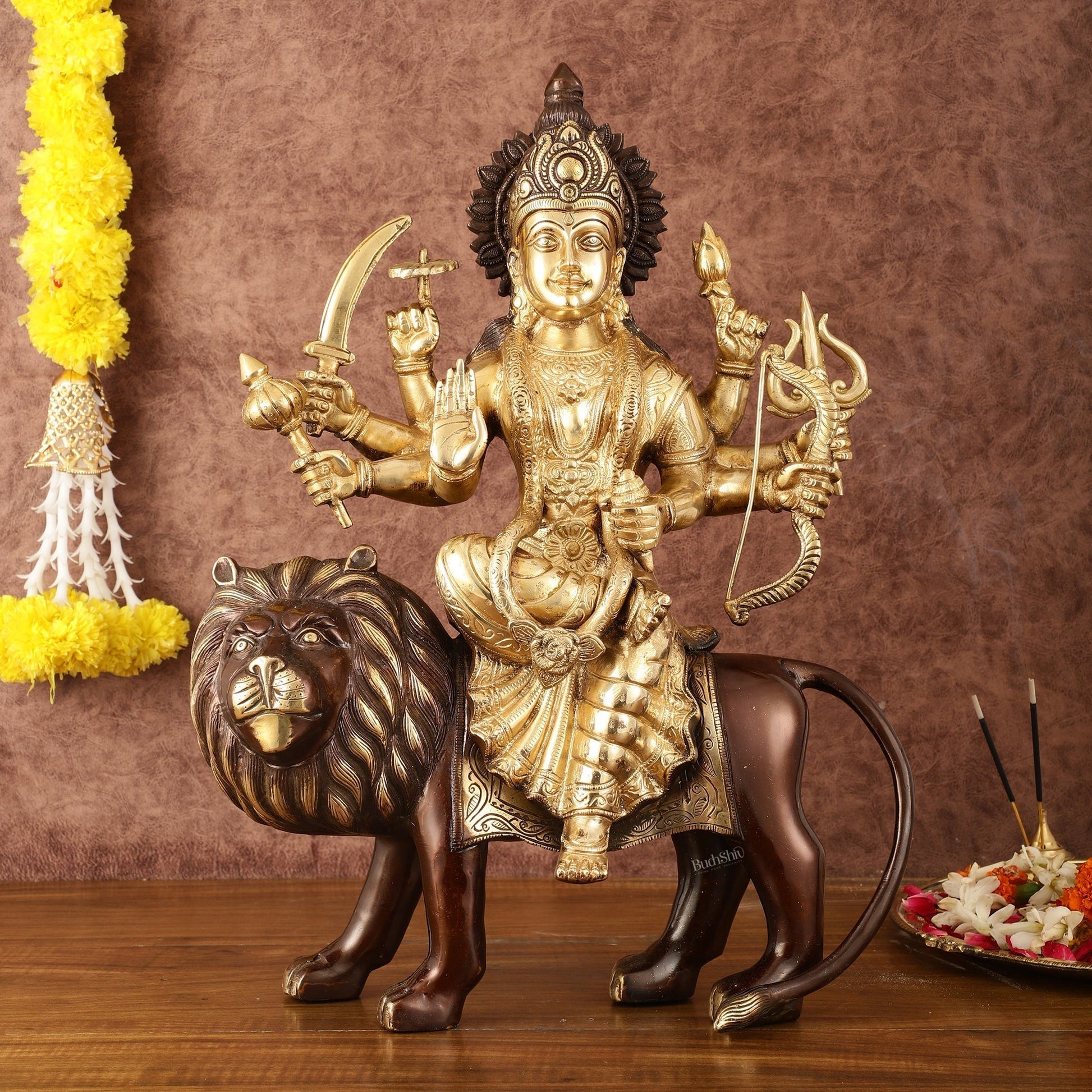 Pure Brass Ashtabhuja Goddess Durga Sitting on Lion - Dual Tone - 17" Tall - Sama Homes Idol - Brass Sculpture - Eco-friendly - Sama Homes