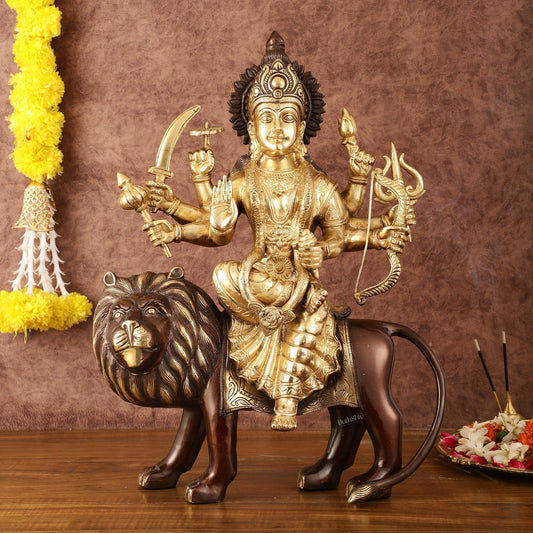 Pure Brass Ashtabhuja Goddess Durga Sitting on Lion - Dual Tone - 17" Tall - Sama Homes Idol - Brass Sculpture
