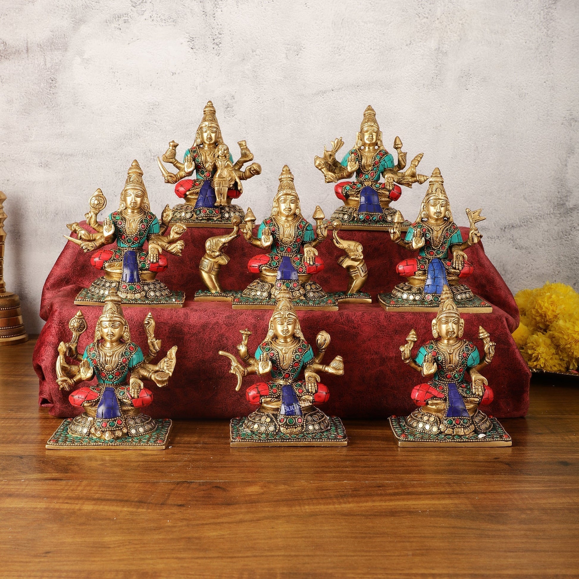 Pure Brass Ashtalakshmi Idols with Stonework - Set of 8 pcs - 5.5 inch - Sama Homes Idol - Brass Sculpture - Eco-friendly - Sama Homes