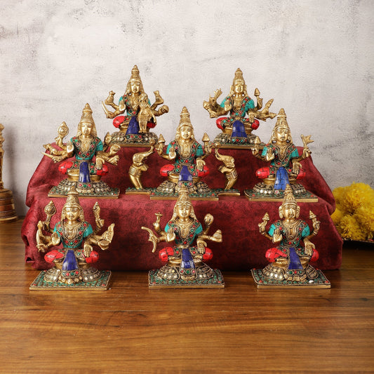 Pure Brass Ashtalakshmi Idols with Stonework - Set of 8 pcs - 5.5 inch - Sama Homes Idol - Brass Sculpture