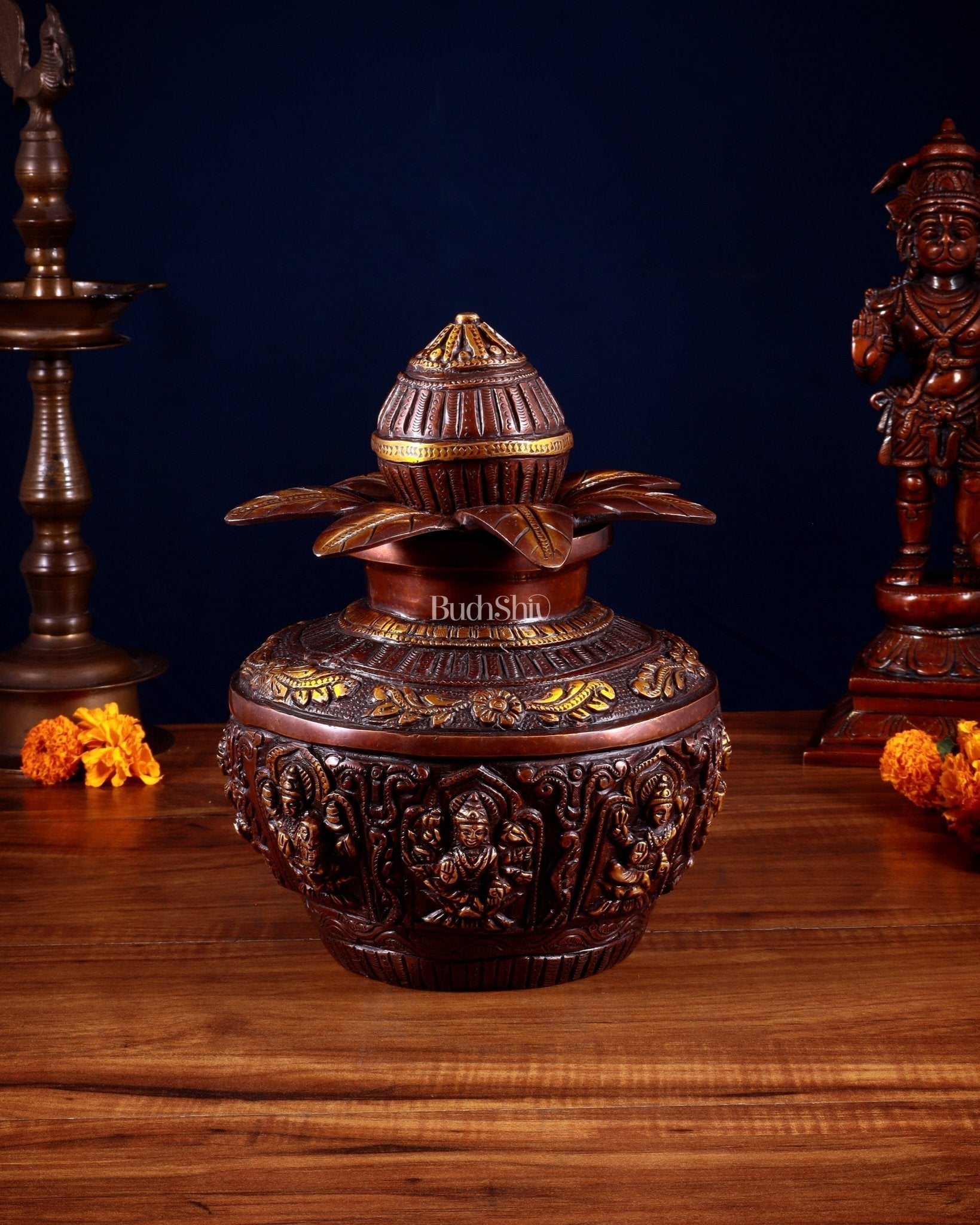 Pure Brass Ashtalakshmi Kalash with Detachable Top – Copper Tone – 11” - Sama Homes Idol - Brass Sculpture - Eco-friendly - Sama Homes