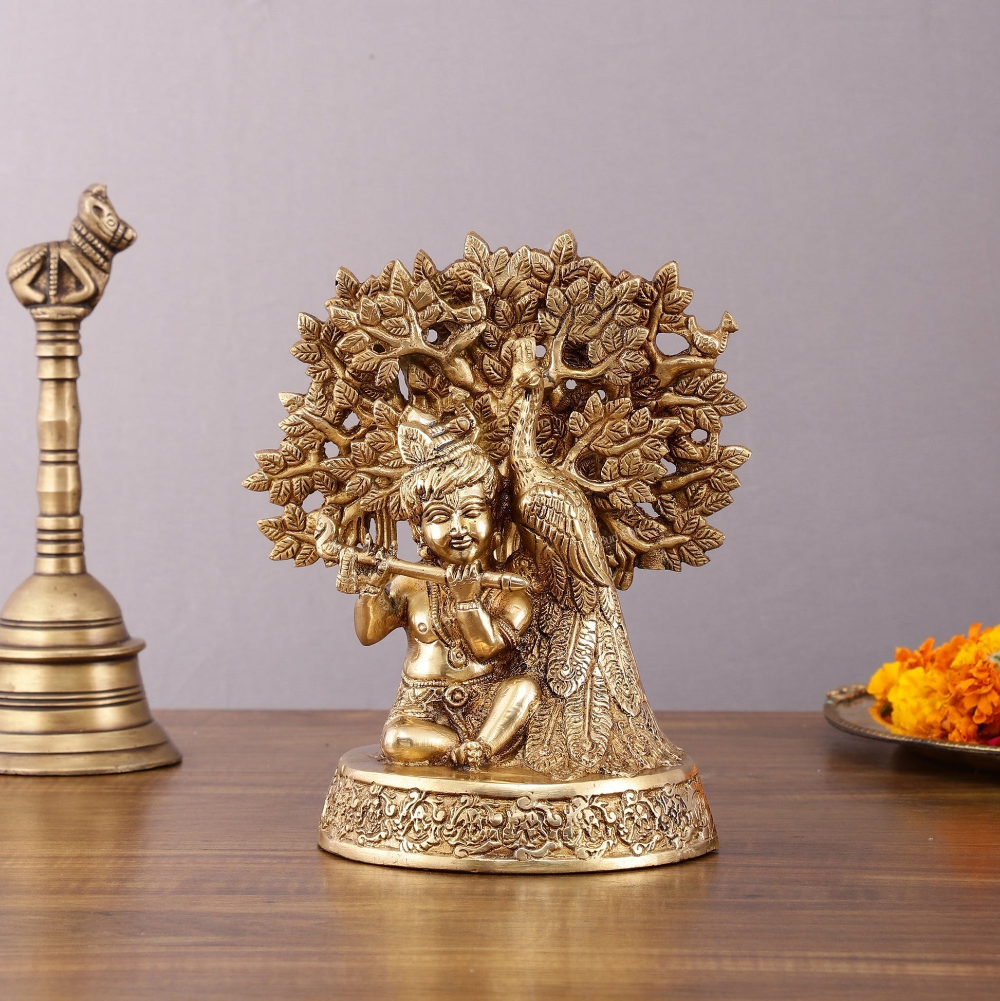Pure Brass Baal Gopal Krishna Playing Flute Under Tree with Peacock - Unique Idol - Sama Homes Idol - Brass Sculpture - Eco-friendly - Sama Homes
