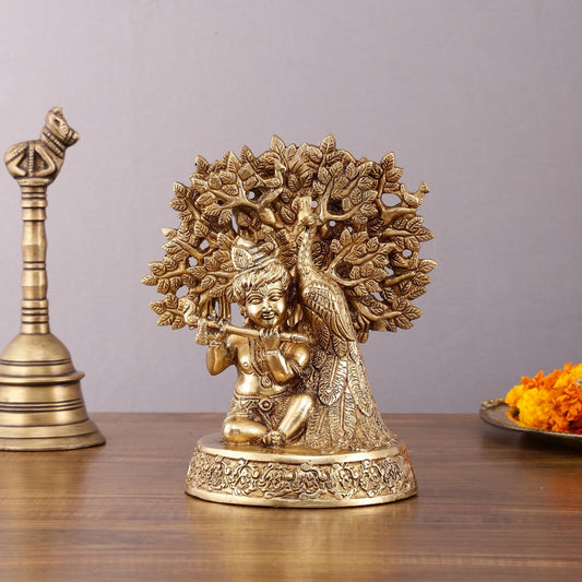 Pure Brass Baal Gopal Krishna Playing Flute Under Tree with Peacock - Unique Idol - Sama Homes Idol - Brass Sculpture