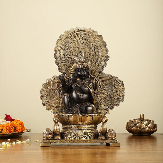Pure Brass Baal Krishna with Peacocks Idol 11 inch - Sama Homes Idol - Brass Sculpture