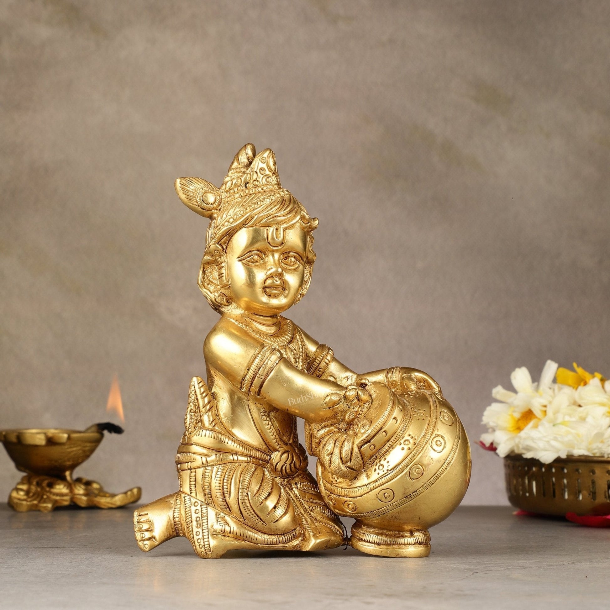 Pure Brass Baby Krishna Makhan chor idol 7" - Sama Homes Idol - Brass Sculpture - Eco-friendly - Sama Homes