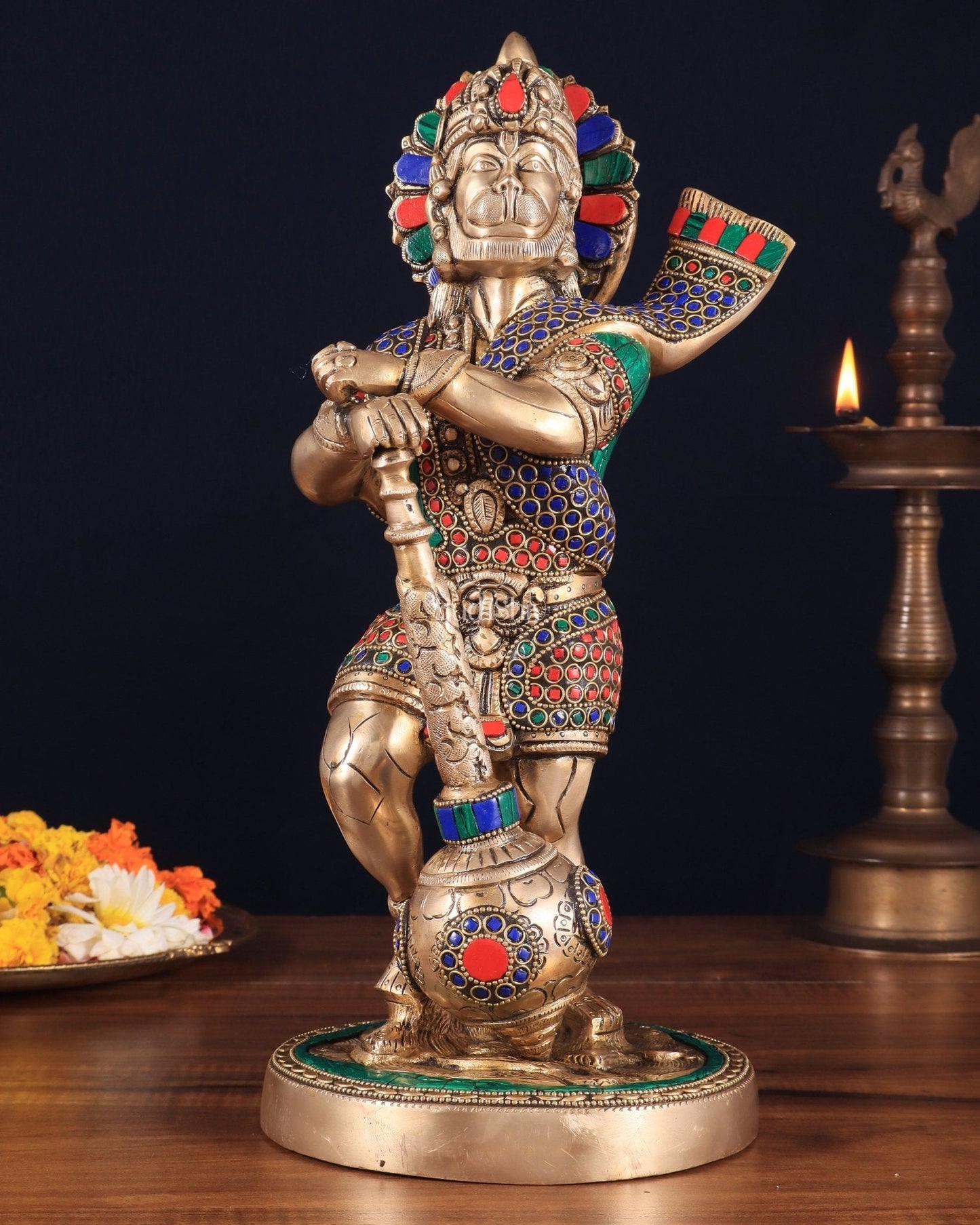 Pure Brass Bahubali Hanuman Standing Large Statue 14" with stonework - Sama Homes Idol - Brass Sculpture