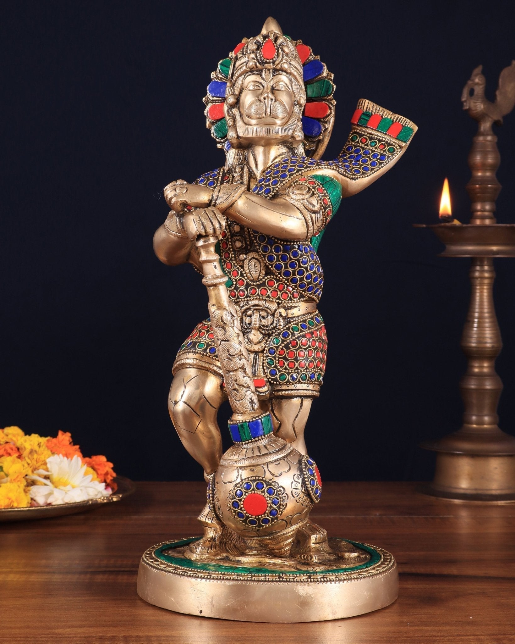 Pure Brass Bahubali Hanuman Standing Large Statue 14" with stonework - Sama Homes Idol - Brass Sculpture - Eco-friendly - Sama Homes