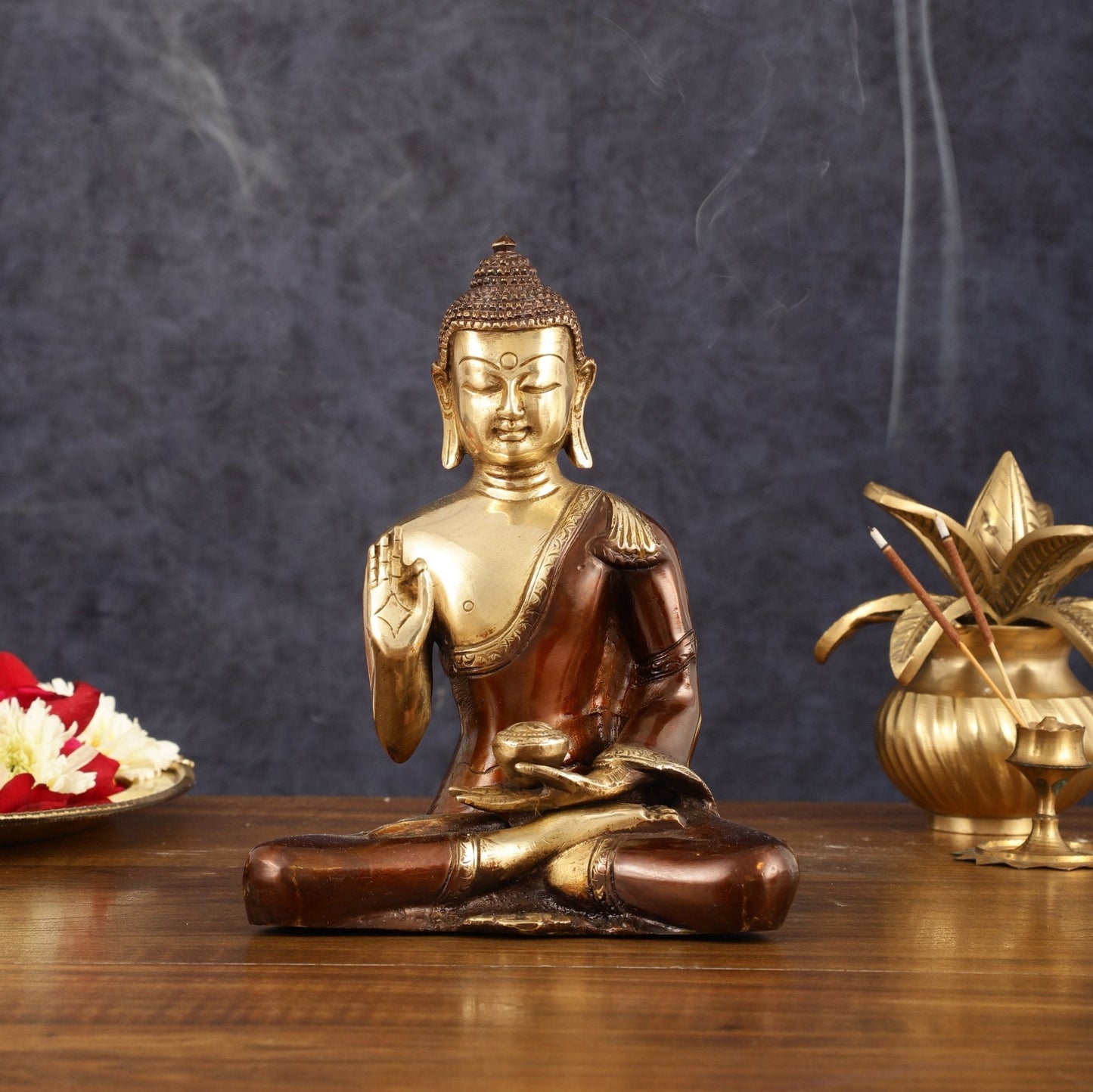 Pure Brass Blessing Buddha Idol - Dual Tone, 7.5" Height - Sama Homes Idol - Brass Sculpture