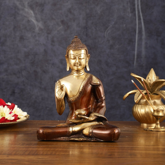 Pure Brass Blessing Buddha Idol - Dual Tone, 7.5" Height - Sama Homes Idol - Brass Sculpture