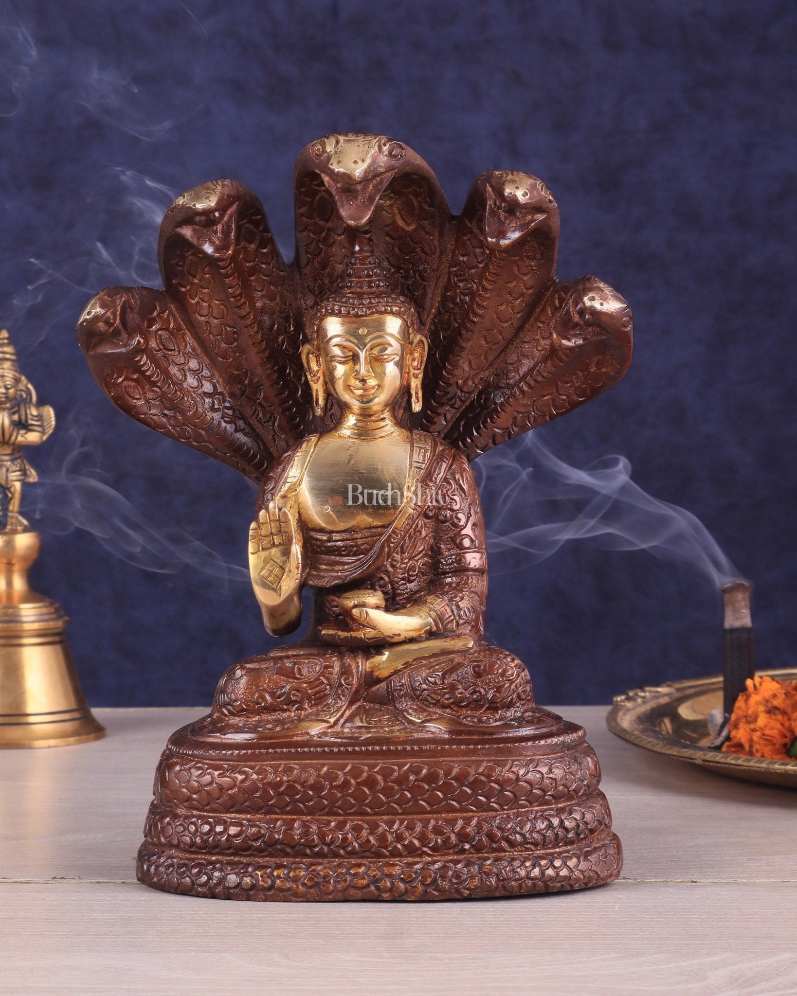 Pure Brass Blessing Buddha Idol under Serpent Muchalinda 8" dual tone - Sama Homes Idol - Brass Sculpture - Eco-friendly - Sama Homes
