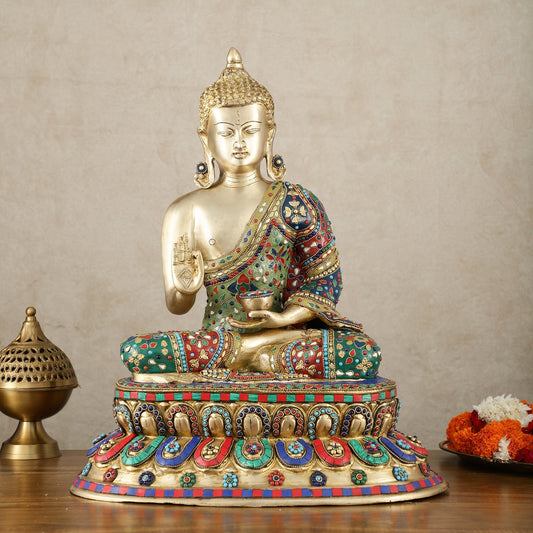 Pure Brass Blessing Buddha Idol with Mosaic Floral Stonework - 20 Inch - Sama Homes Idol - Brass Sculpture