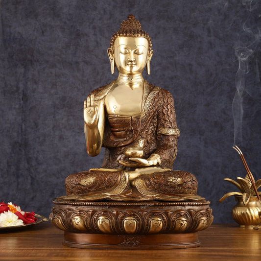 Pure Brass Blessing Buddha Statue - 17" | Dual Tone Beauty - Sama Homes Idol - Brass Sculpture