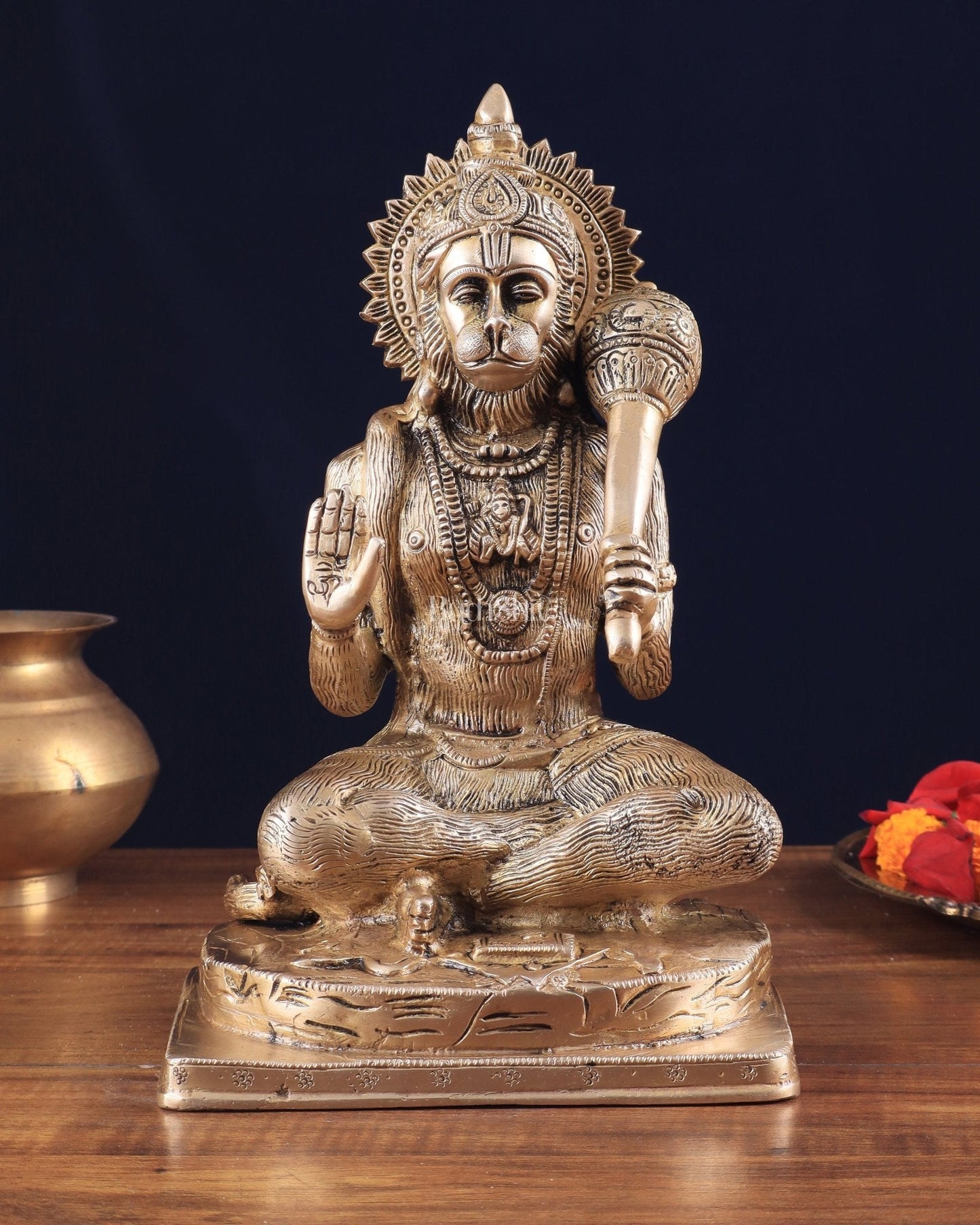 Pure Brass Blessing Hanuman Statue 11.5" - Sama Homes Idol - Brass Sculpture