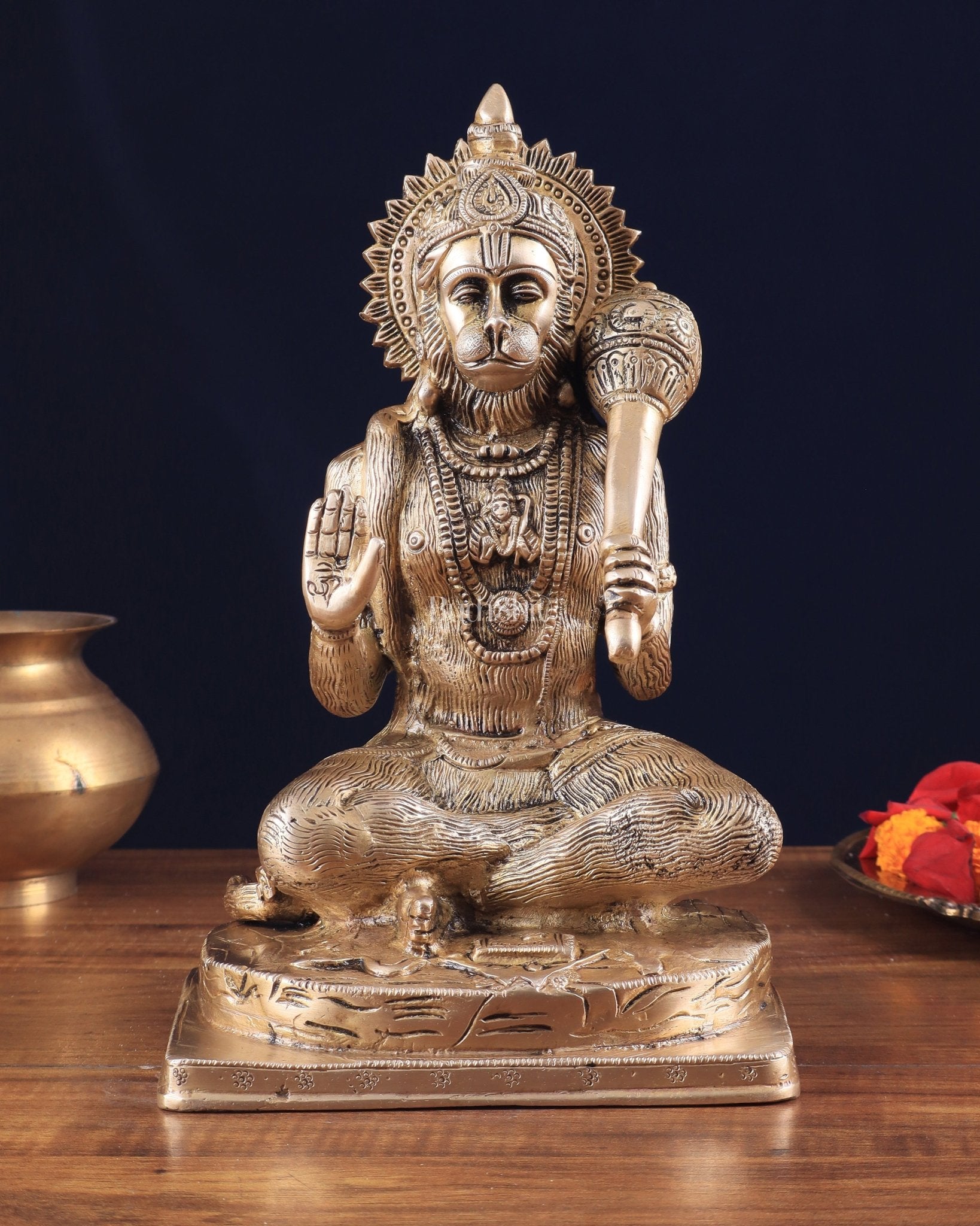 Pure Brass Blessing Hanuman Statue 11.5" - Sama Homes Idol - Brass Sculpture - Eco-friendly - Sama Homes