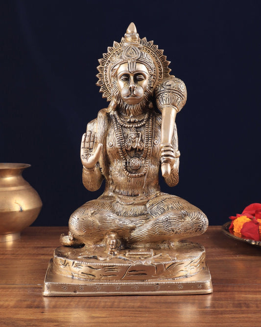 Pure Brass Blessing Hanuman Statue 11.5" - Sama Homes Idol - Brass Sculpture