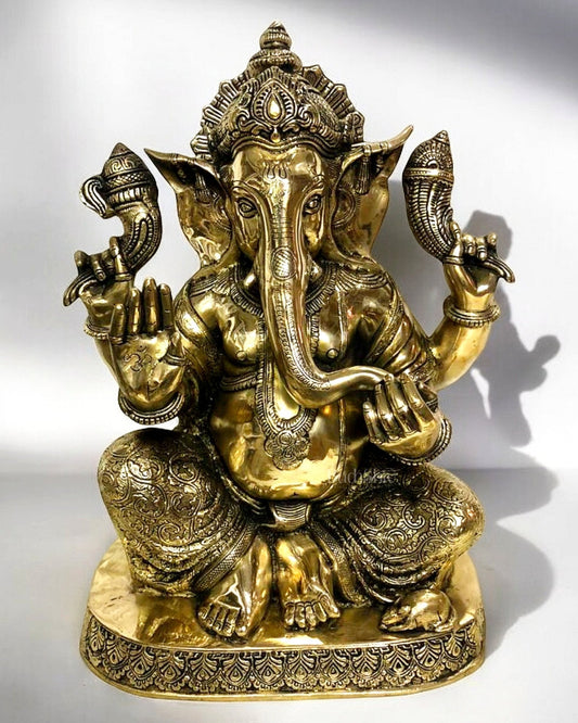 Pure Brass Blessing Lord Ganesha Statue with Base – 21" Height, Superfine Finish - Sama Homes Idol - Brass Sculpture
