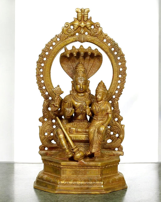 Pure Brass Bronze finish Vishnu Lakshmi Idol Seated on Sheshanaaga - 10" Divine Sculpture - Sama Homes Idol - Brass Sculpture