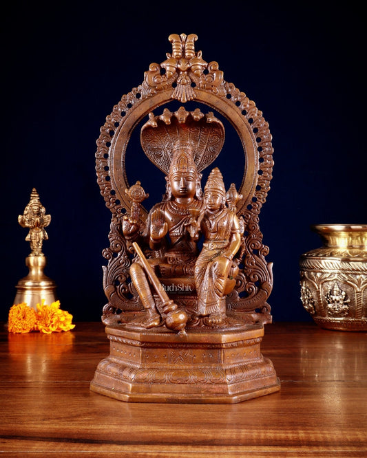 Pure Brass Bronze finish Vishnu Lakshmi Idol Seated on Sheshanaaga - 10" - Sama Homes Idol - Brass Sculpture