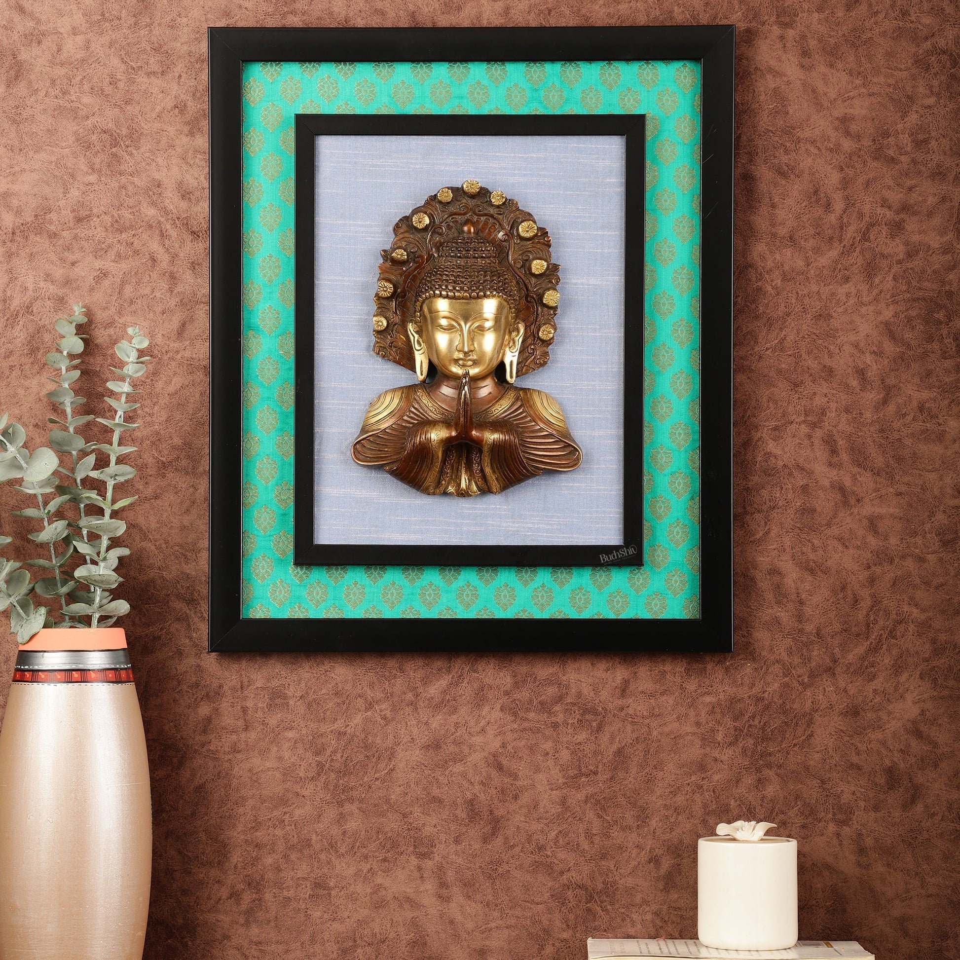 Pure Brass Buddha Bust Anjali Mudra on Wooden Frame with Premium Fabric | 17.5 Inch Wall Hanging - Sama Homes Idol - Brass Sculpture - Eco-friendly - Sama Homes