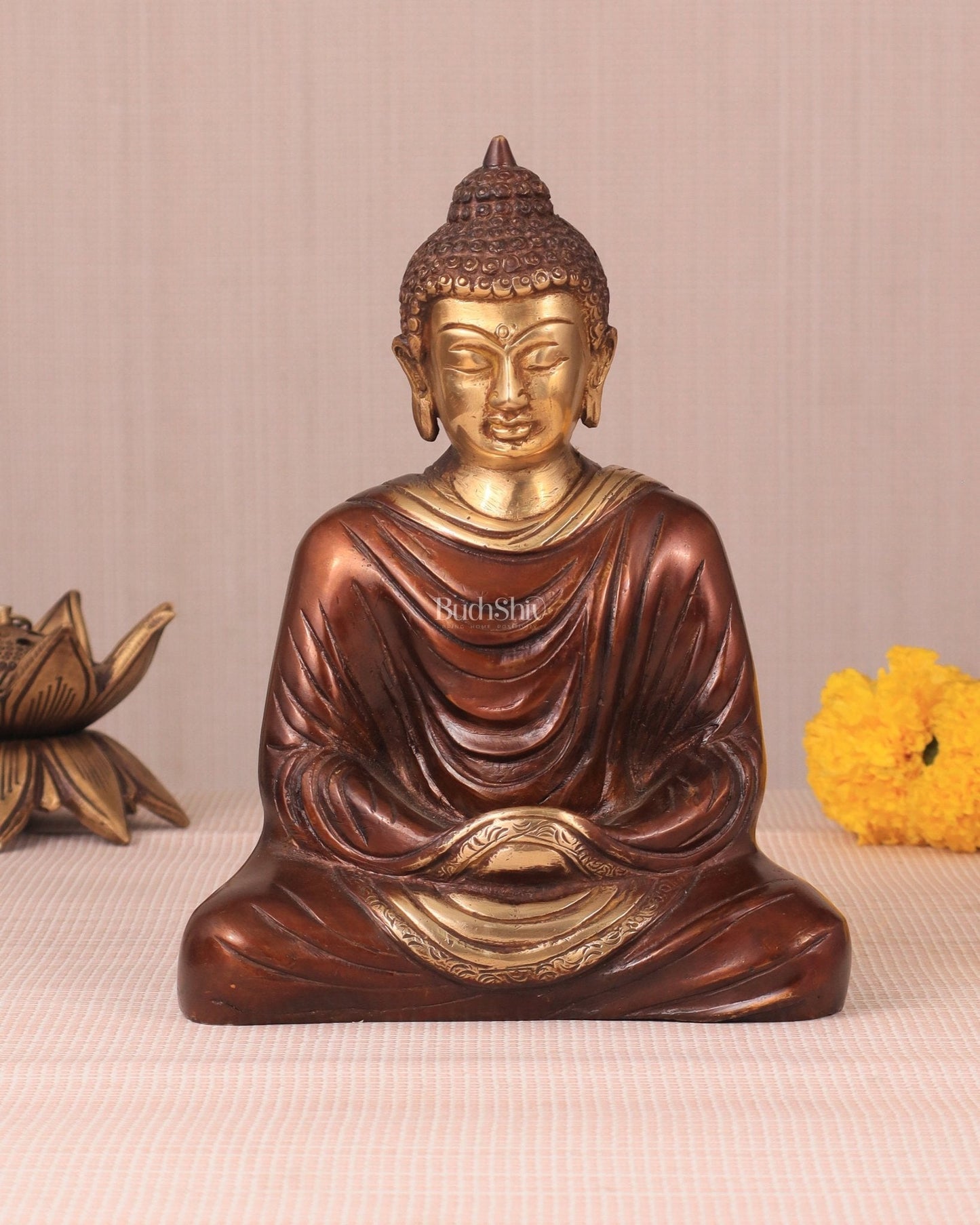 Pure Brass Buddha in Meditation Statue - Dual Tone, 7.5" - Sama Homes Idol - Brass Sculpture