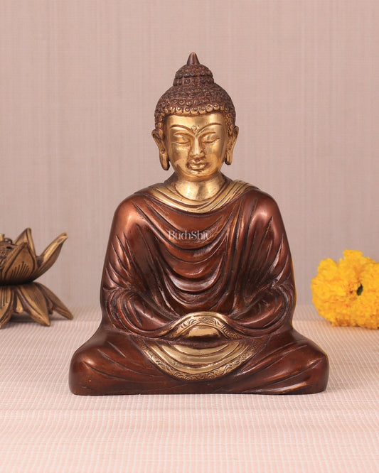 Pure Brass Buddha in Meditation Statue - Dual Tone, 7.5" - Sama Homes Idol - Brass Sculpture