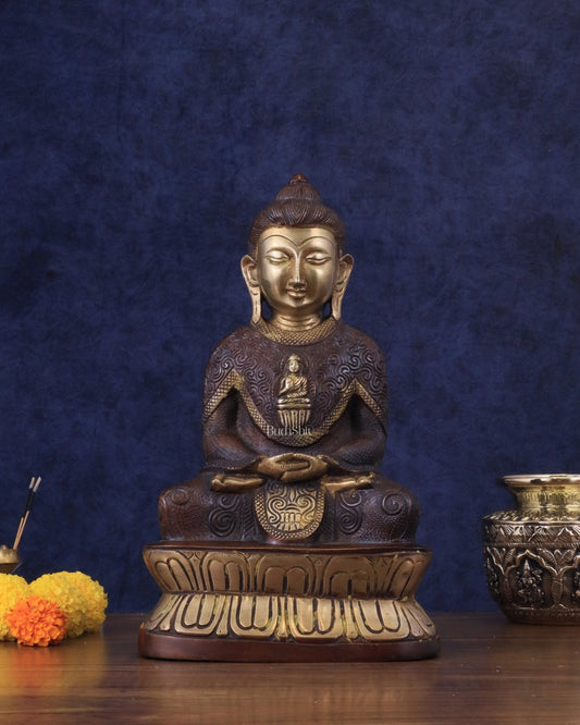 Pure Brass Buddha in Meditation with Unique Carvings - Dual Tone Brown & Gold, 13.5" - Sama Homes Idol - Brass Sculpture