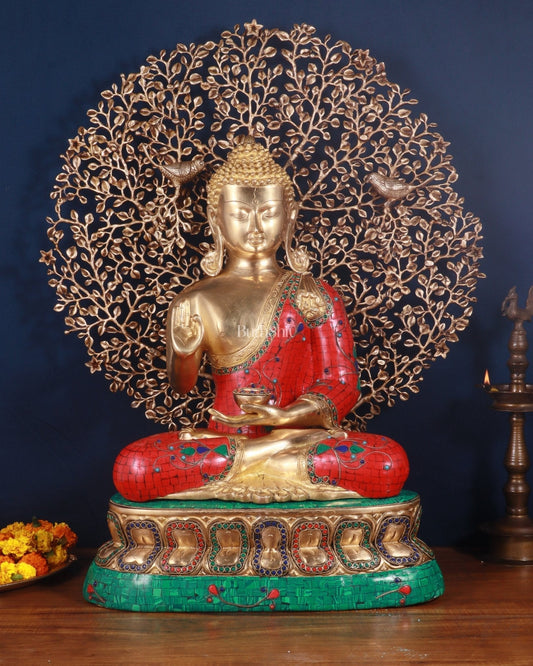 Pure Brass Buddha meenakari Stonework with Kalpavriksha Tree Statue 29" - Sama Homes Idol - Brass Sculpture