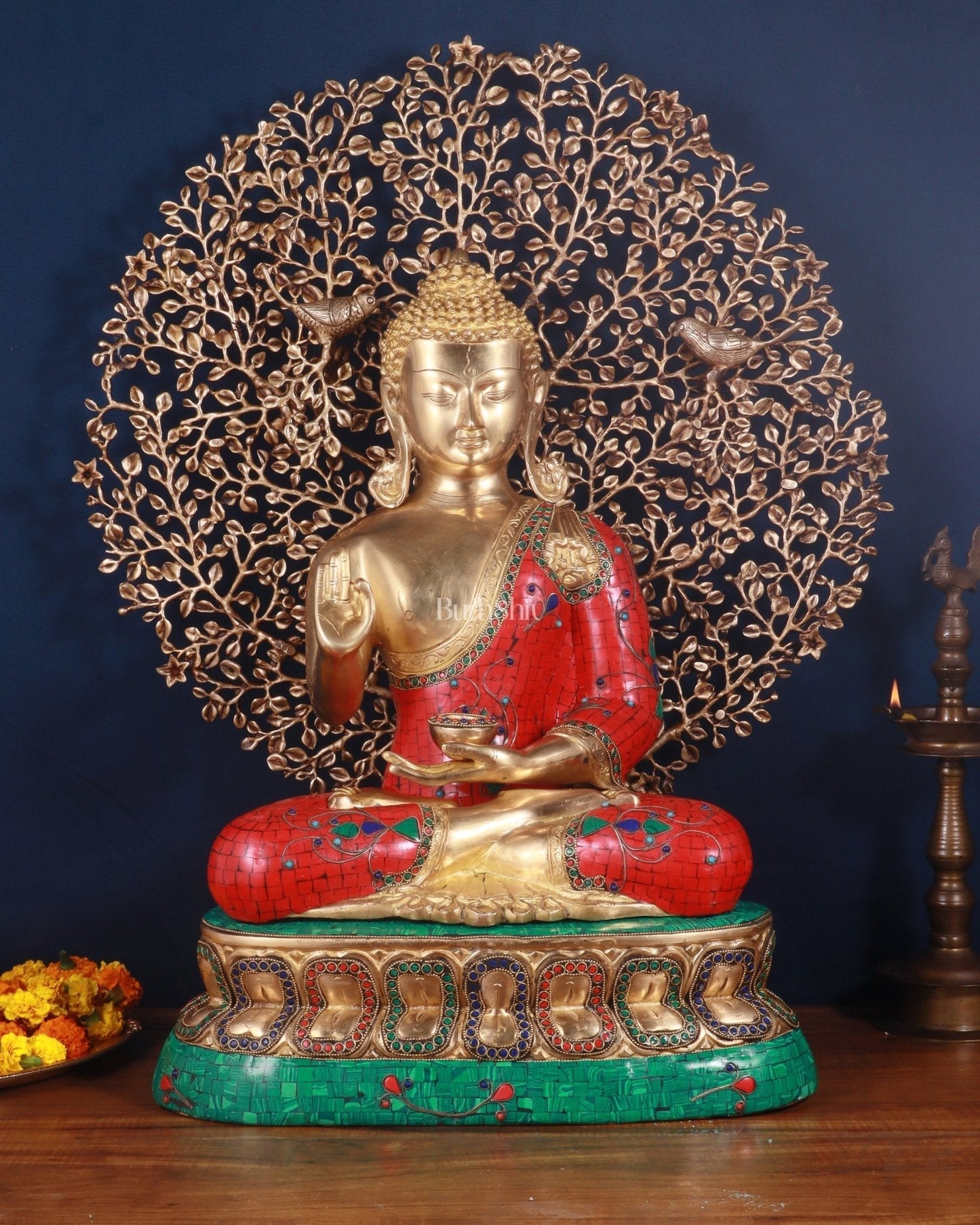 Pure Brass Buddha in Meenakari Stonework with Kalpavriksha Tree Statue 29" - Sama Homes Idol - Brass Sculpture