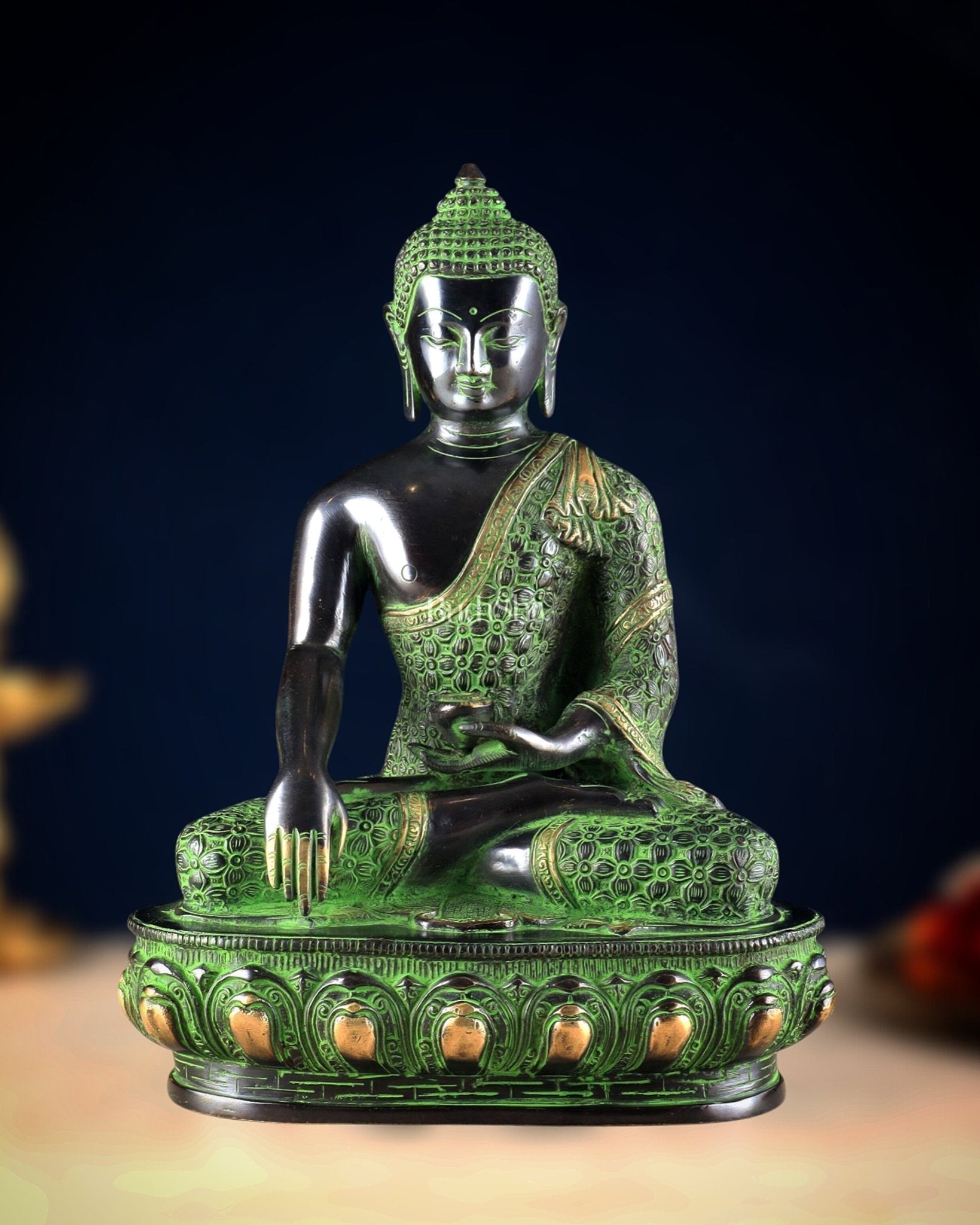 Pure Brass Buddha Sculpture - 13" black and green tone - Sama Homes Idol - Brass Sculpture - Eco-friendly - Sama Homes