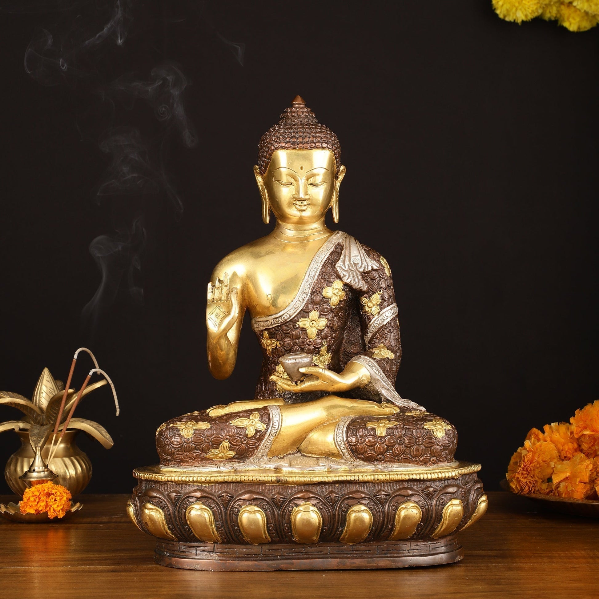 Pure Brass Buddha Sculpture - 13" Three Tone Finish Exclusive - Sama Homes Idol - Brass Sculpture - Eco-friendly - Sama Homes