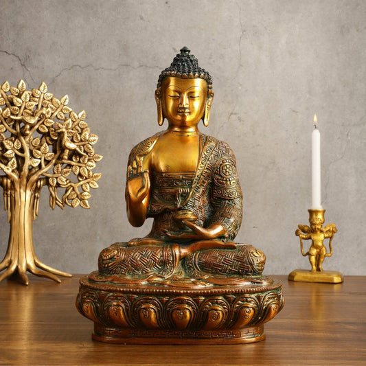 Pure Brass Buddha Statue - Antique Finish, 12" Height - Sama Homes Idol - Brass Sculpture