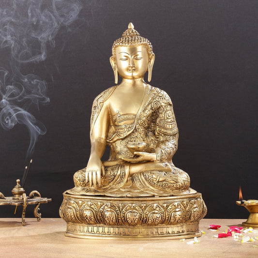 Pure Brass Buddha Statue with Engraved Life Story | 15" - Sama Homes Idol - Brass Sculpture
