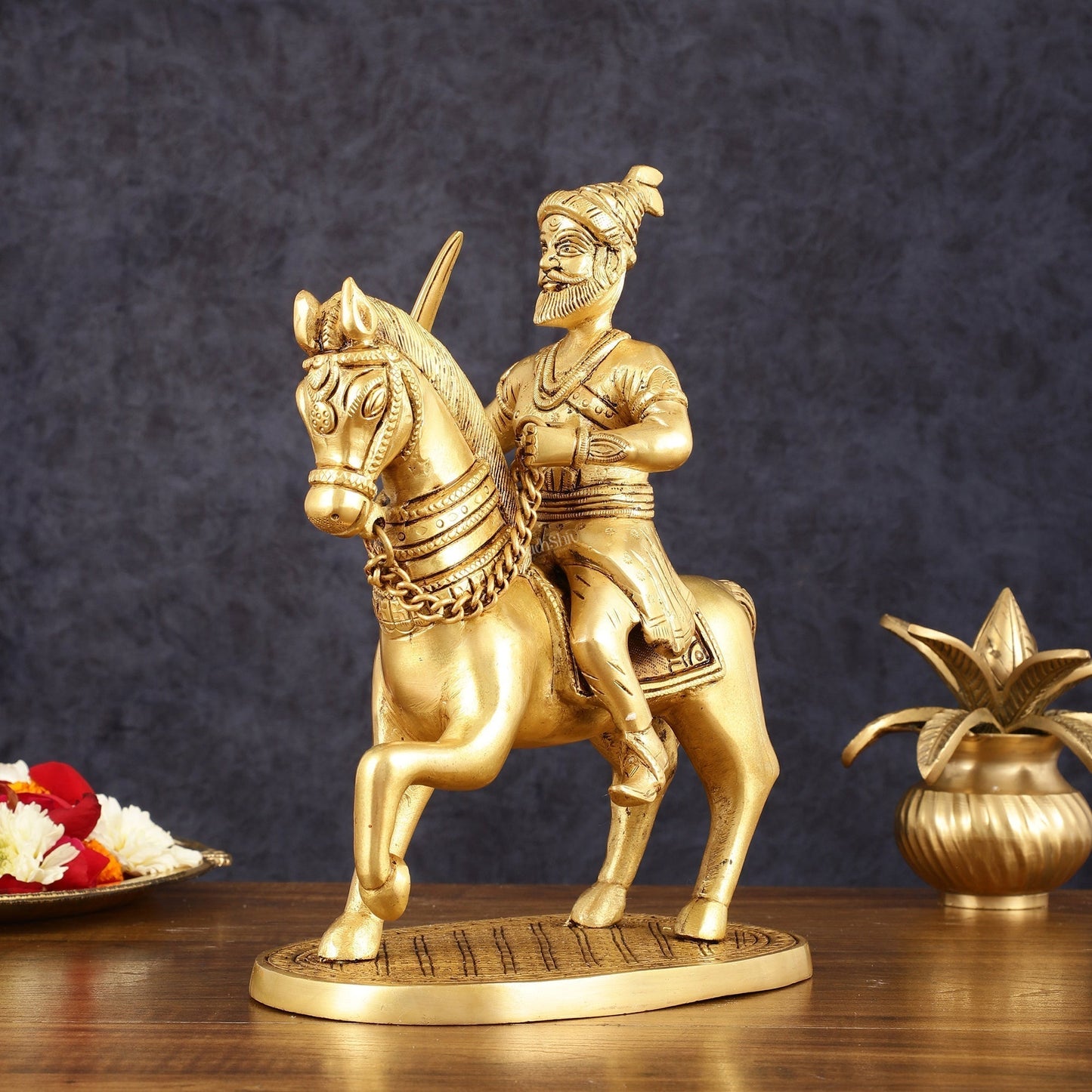 Pure Brass Chhatrapati Shivaji Maharaj Sitting on Horse Statue - 10.5" Height - Sama Homes Idol - Brass Sculpture