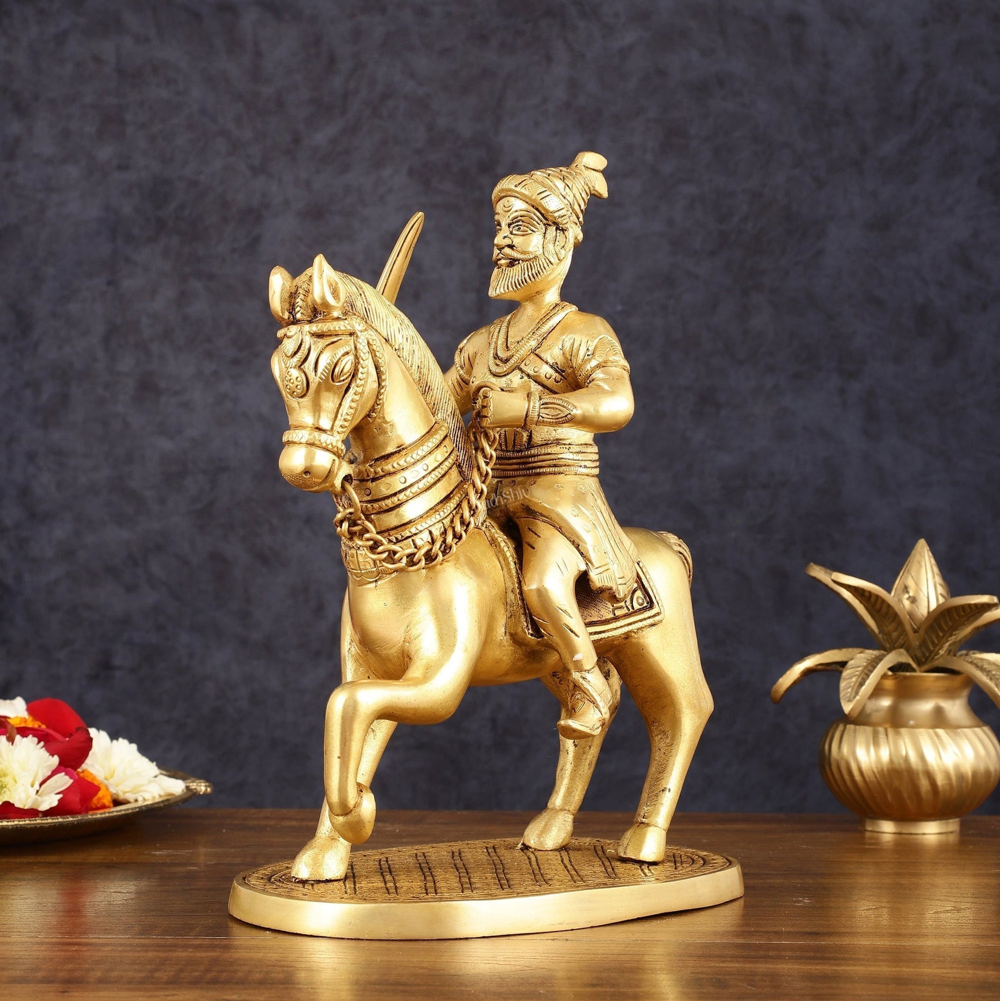 Pure Brass Chhatrapati Shivaji Maharaj Sitting on Horse Statue - 10.5" Height - Sama Homes Idol - Brass Sculpture - Eco-friendly - Sama Homes