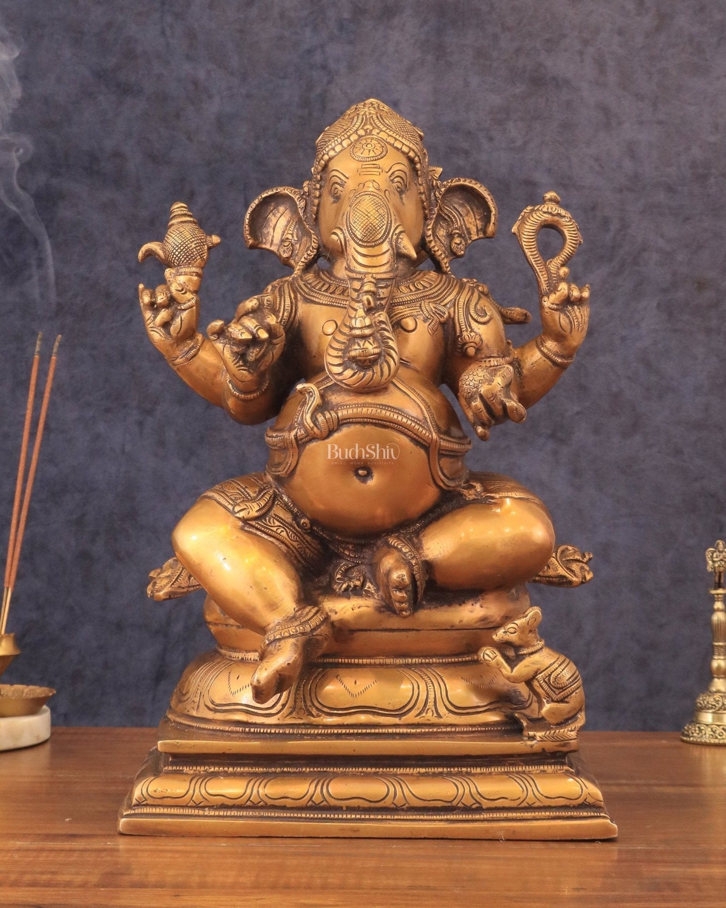 Pure Brass Chola Style Ganesha Statue in Antique Tone - 13" - Sama Homes Idol - Brass Sculpture