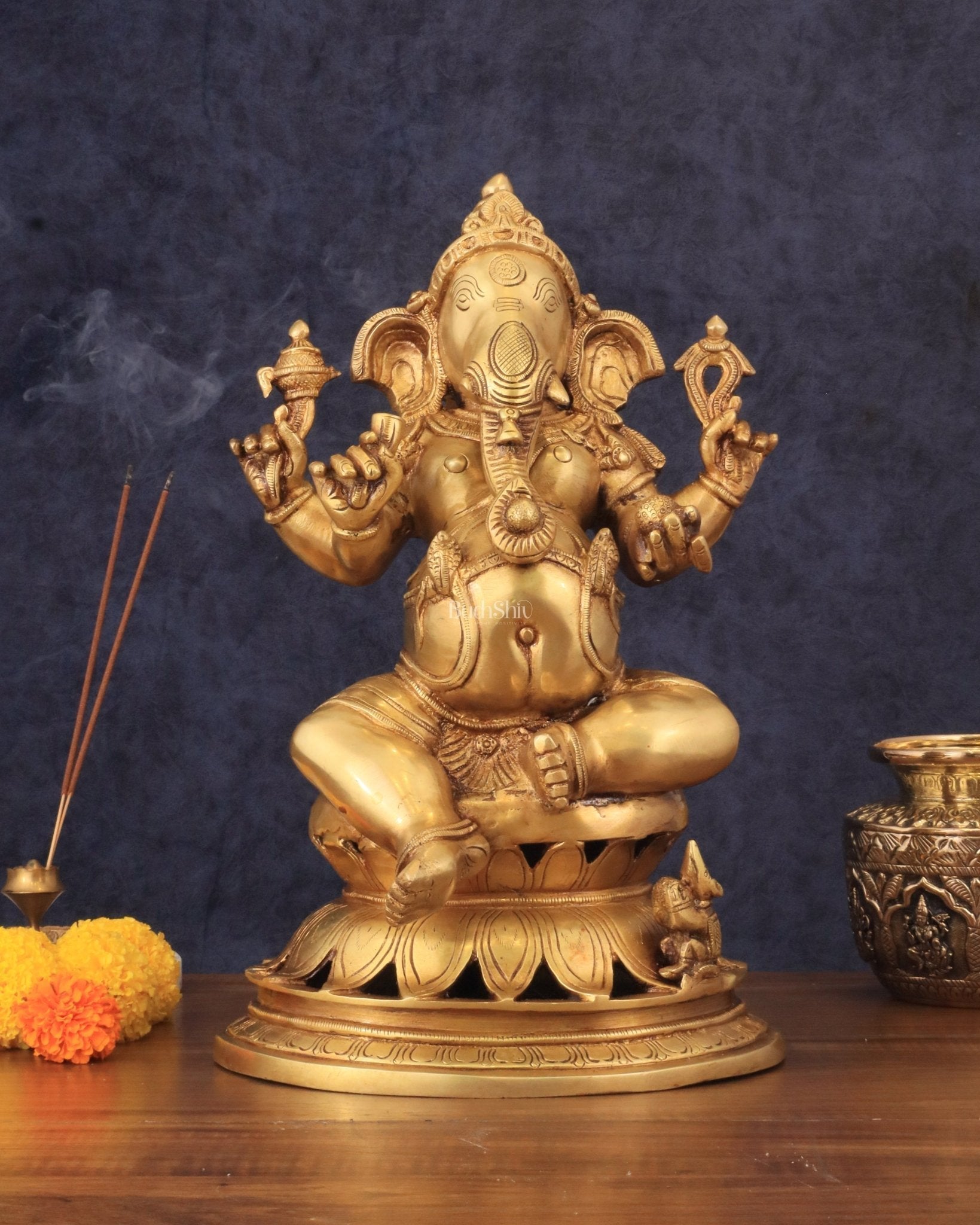 Pure Brass Chola Style Ganesha Statue in golden Tone - 13" - Sama Homes Idol - Brass Sculpture - Eco-friendly - Sama Homes
