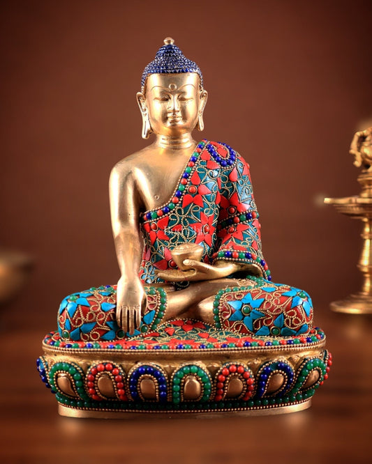 Pure Brass colourful Buddha Statue with Hand Down - 9.5" stonework - Sama Homes Idol - Brass Sculpture