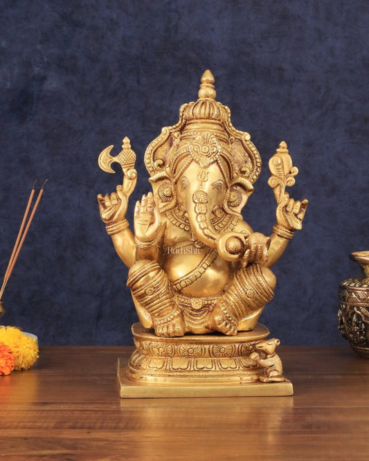 Pure Brass Cute Ganesha Statue 12 inch - Sama Homes Idol - Brass Sculpture