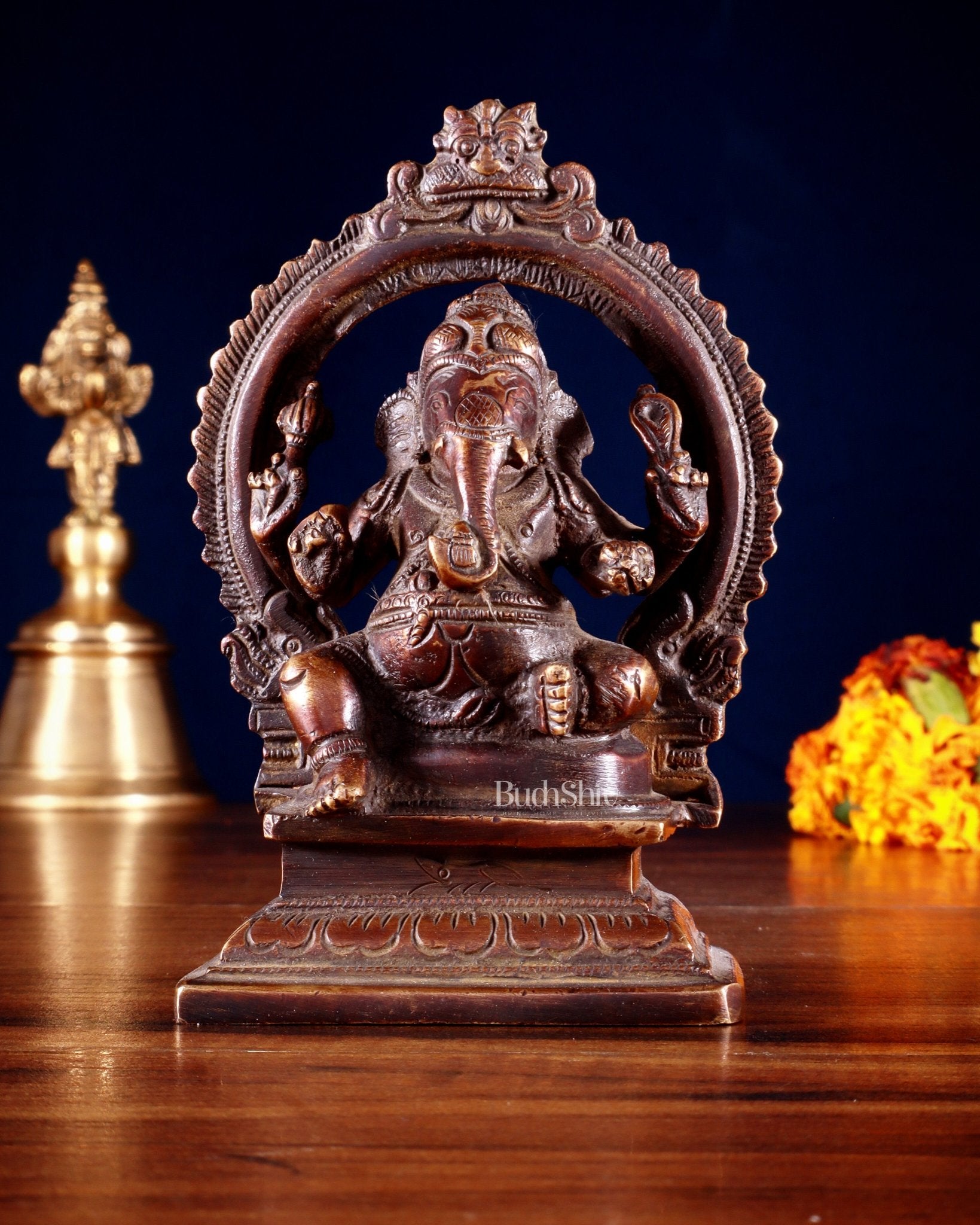 Pure Brass Dakshina Mukhi Ganesha Idol – Right Side Trunk 5" Copper tone - Sama Homes Idol - Brass Sculpture - Eco-friendly - Sama Homes