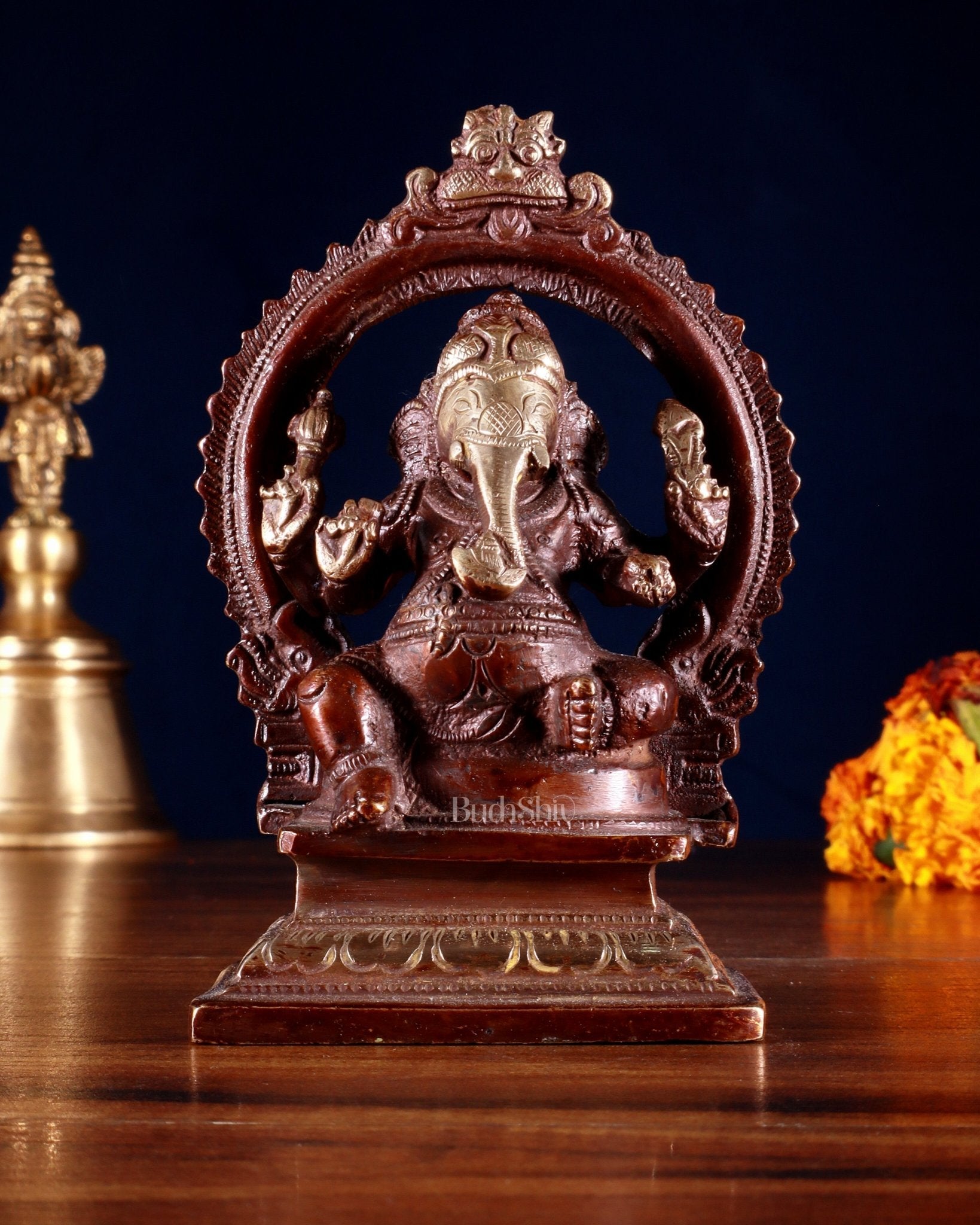 Pure Brass Dakshina Mukhi Ganesha Idol – Right Side Trunk 5" Dual tone - Sama Homes Idol - Brass Sculpture - Eco-friendly - Sama Homes