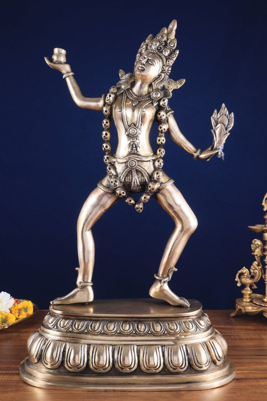 Pure Brass Dancing Kali Idol – Crowned & Adorned with Skull Garland 23" - Sama Homes Idol - Brass Sculpture