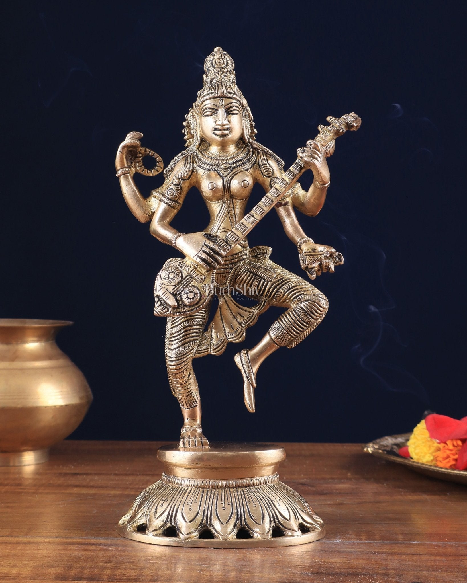Pure Brass Dancing Saraswati Idol 11" - Sama Homes Idol - Brass Sculpture - Eco-friendly - Sama Homes
