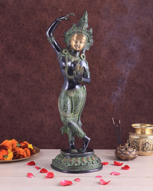 Pure Brass Dancing Tara Devi Maya Buddhist Sculpture - 20" Tall black green tone - Sama Homes Idol - Brass Sculpture