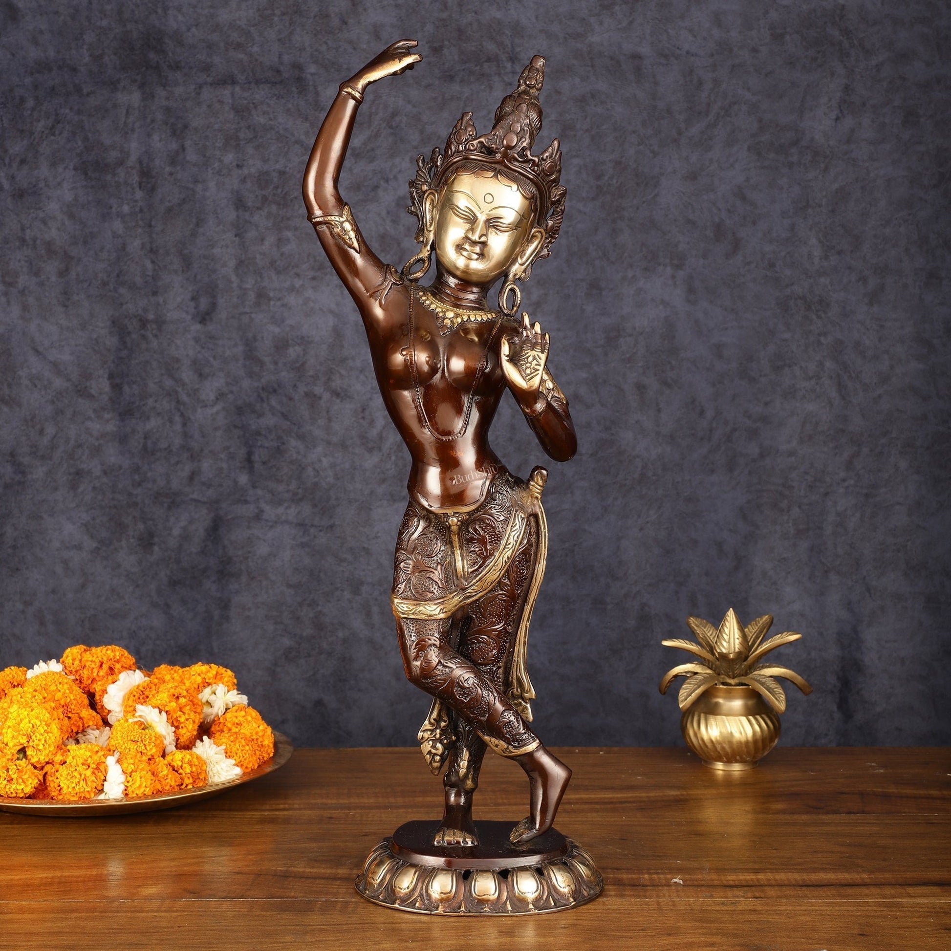 Pure Brass Dancing Tara Devi Maya Buddhist Sculpture - 20" Tall - Sama Homes Idol - Brass Sculpture - Eco-friendly - Sama Homes
