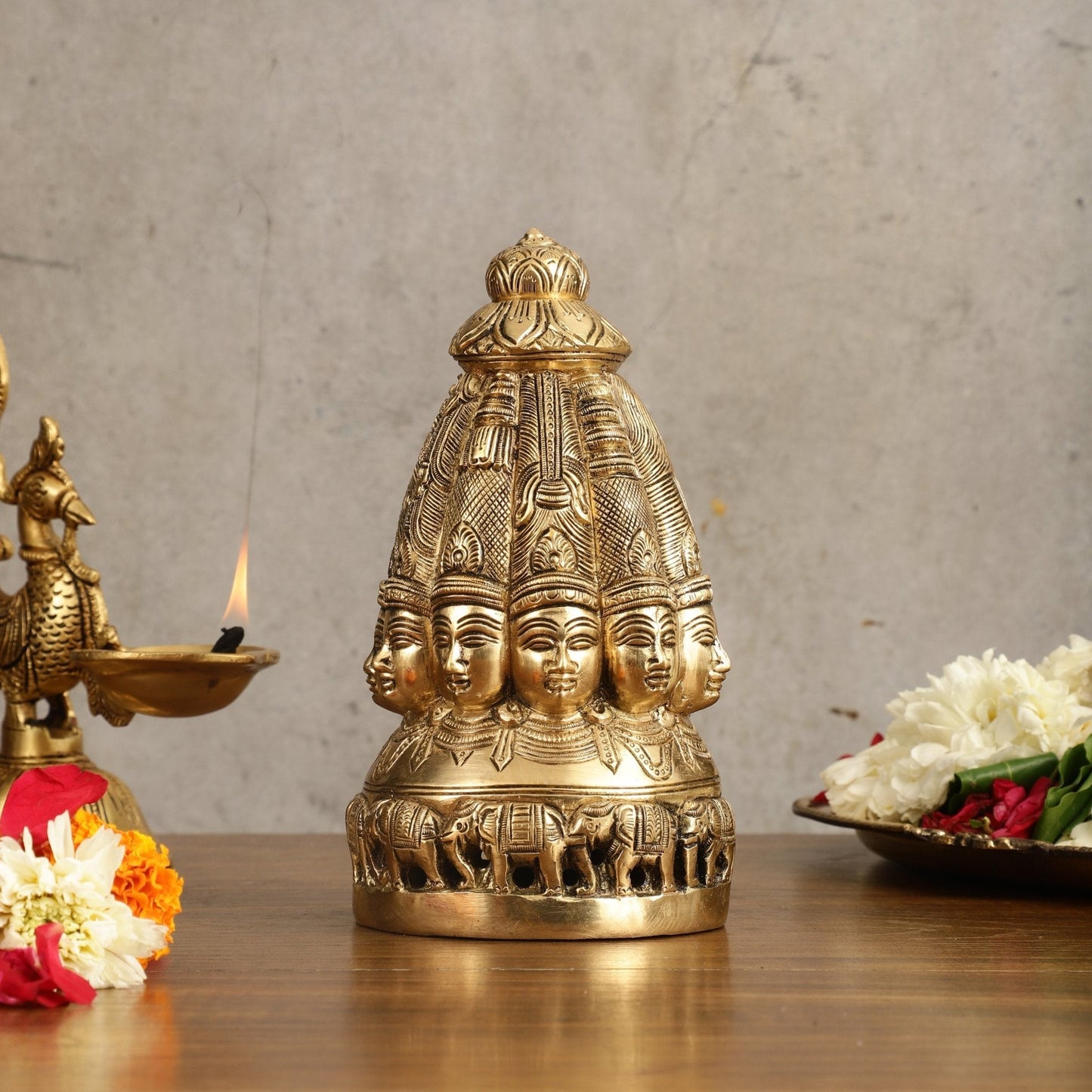 Pure Brass Dasa Shiva Sculpture with Ten Heads - 7.5" - Sama Homes Idol - Brass Sculpture