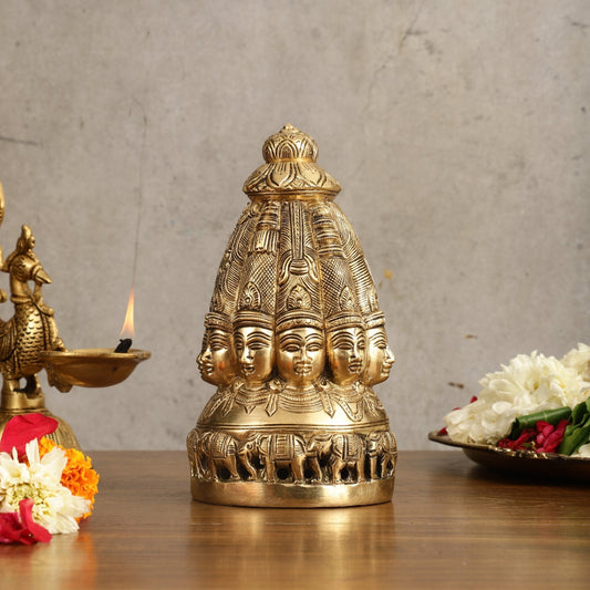 Pure Brass Dasa Shiva Sculpture with Ten Heads - 7.5" - Sama Homes Idol - Brass Sculpture