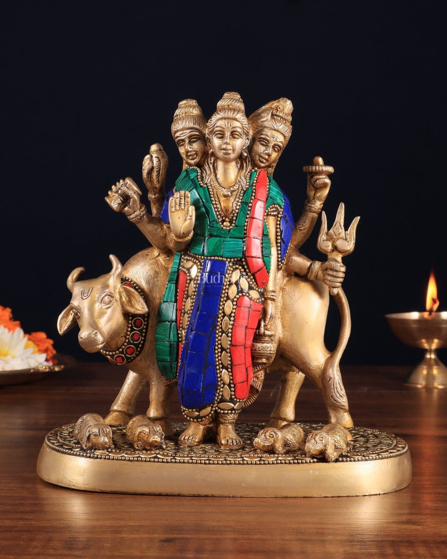 Pure Brass Dattatreya guru with a cow and four dogs idol - Sama Homes Idol - Brass Sculpture