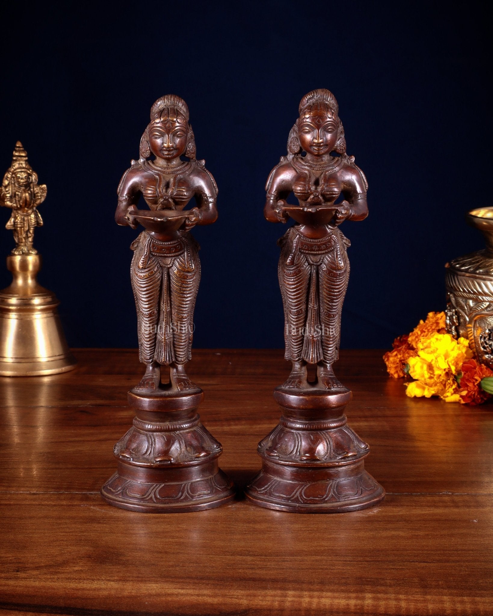 Pure Brass Deep Lady Pair (Pavai Vilakku) – 8” burnt copper tone - Sama Homes Idol - Brass Sculpture - Eco-friendly - Sama Homes